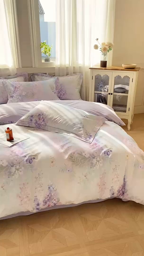 91家纺网 家纺一手货源 找家纺 XIWEN-希文家纺 2026新款40支全棉纯棉13376数码印花四件套-第一批 风铃-紫