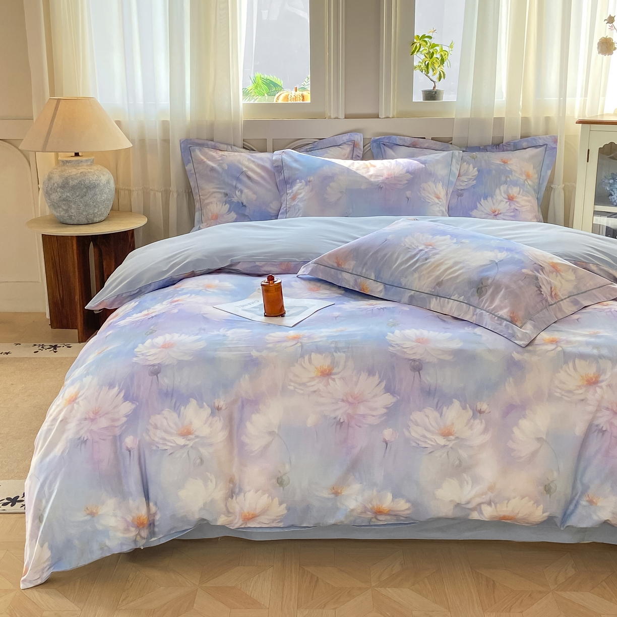 91家纺网 家纺一手货源 找家纺 XIWEN-希文家纺 2026新款40支全棉纯棉13376数码印花四件套-第一批 芙蓉花语-紫