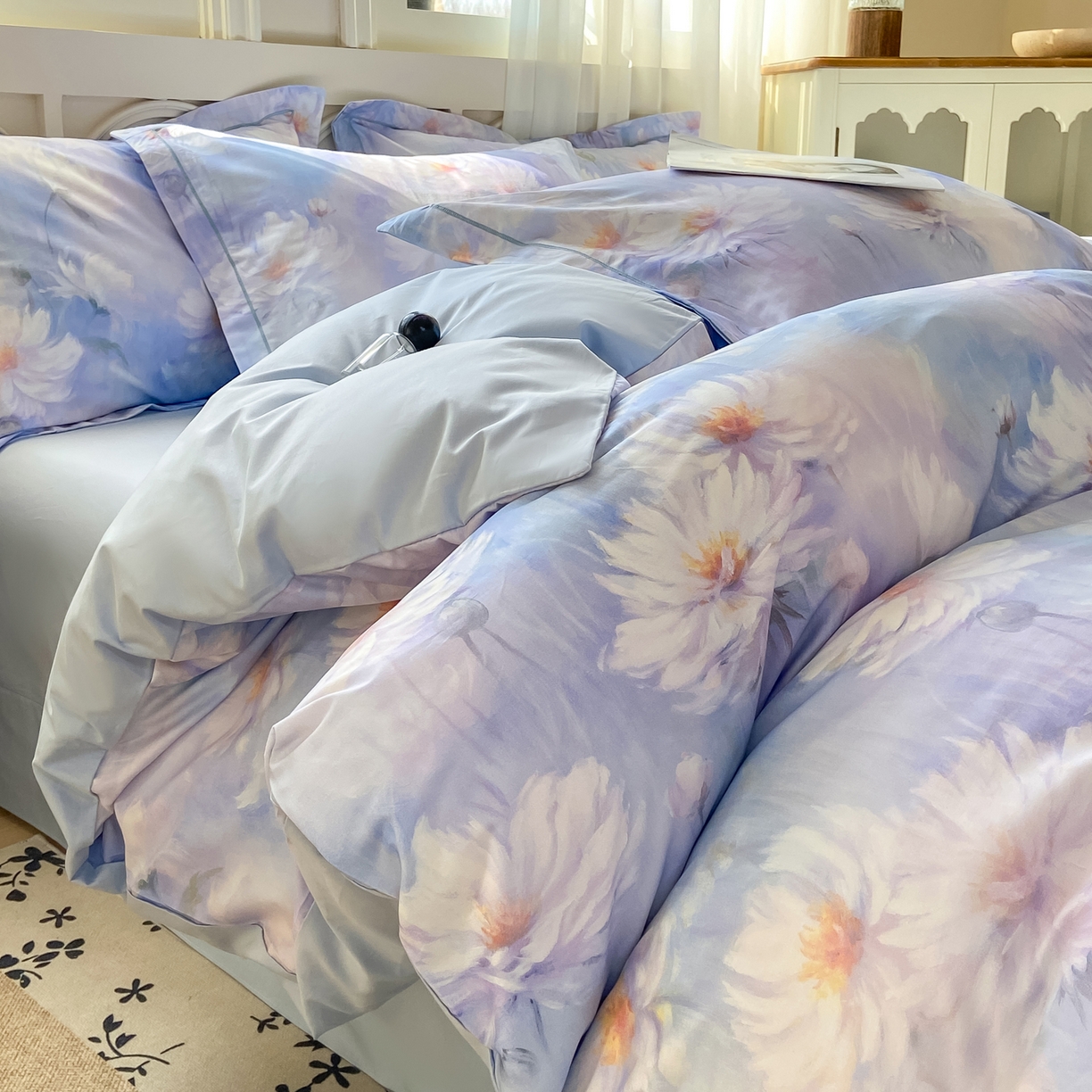 91家纺网 家纺一手货源 找家纺 XIWEN-希文家纺 2026新款40支全棉纯棉13376数码印花四件套-第一批 芙蓉花语-紫