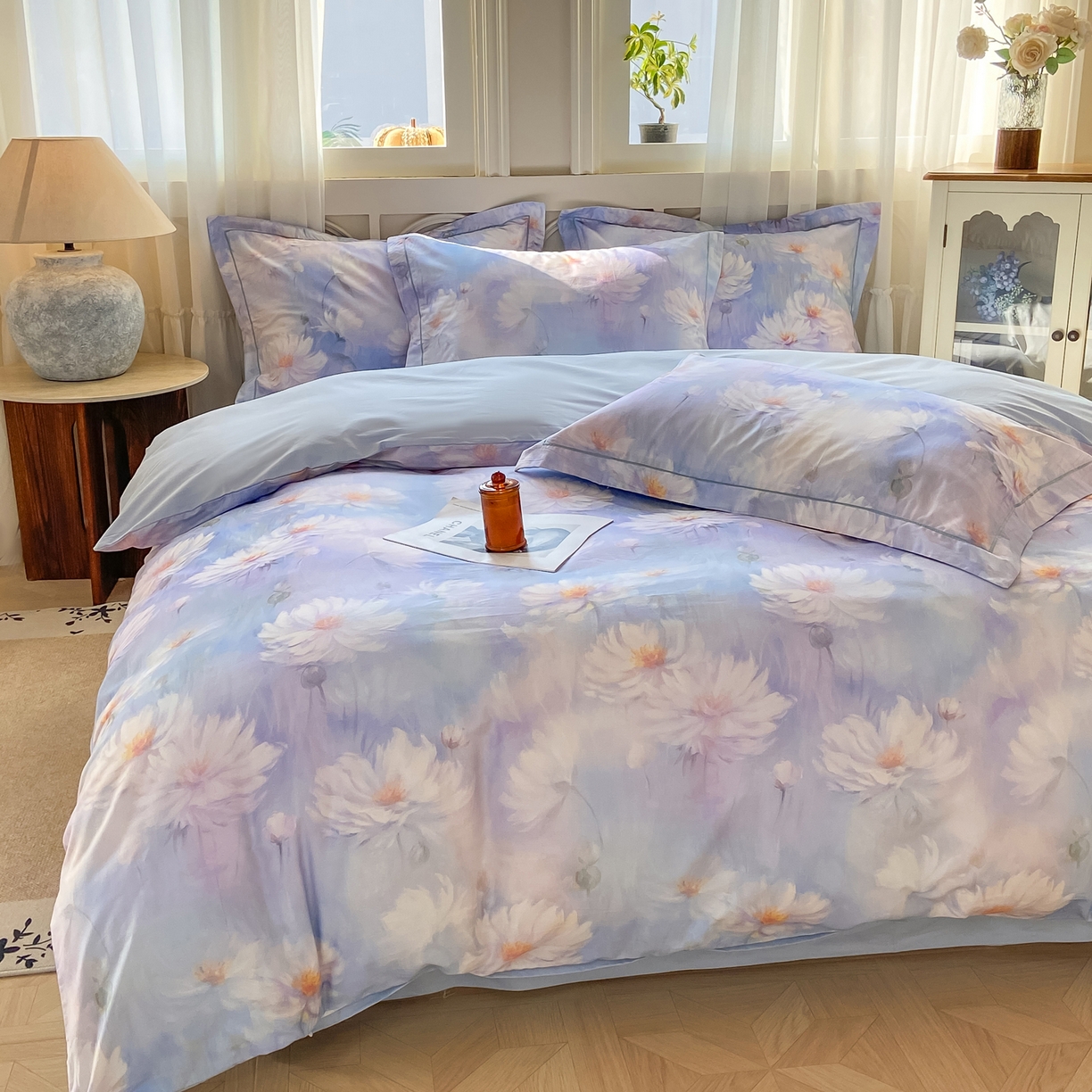 91家纺网 家纺一手货源 找家纺 XIWEN-希文家纺 2026新款40支全棉纯棉13376数码印花四件套-第一批 芙蓉花语-紫