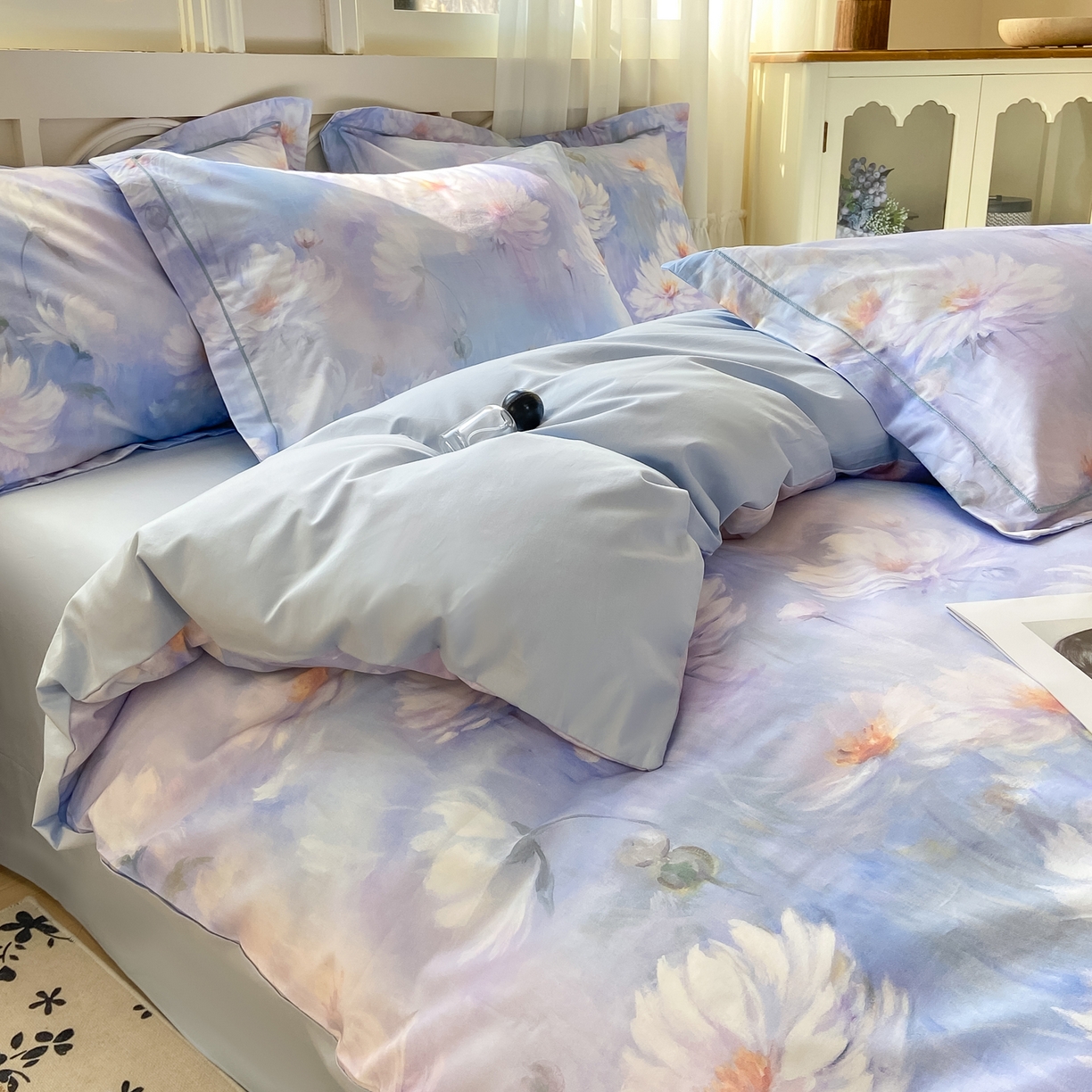 91家纺网 家纺一手货源 找家纺 XIWEN-希文家纺 2026新款40支全棉纯棉13376数码印花四件套-第一批 芙蓉花语-紫