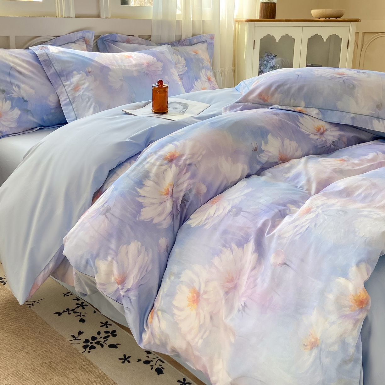 91家纺网 家纺一手货源 找家纺 XIWEN-希文家纺 2026新款40支全棉纯棉13376数码印花四件套-第一批 芙蓉花语-紫