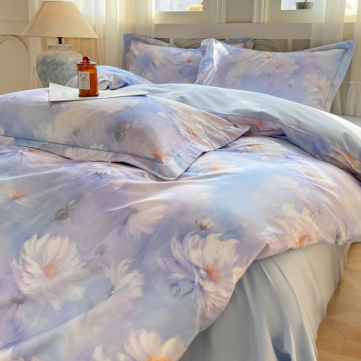 91家纺网 家纺一手货源 找家纺 XIWEN-希文家纺 2026新款40支全棉纯棉13376数码印花四件套-第一批 芙蓉花语-紫