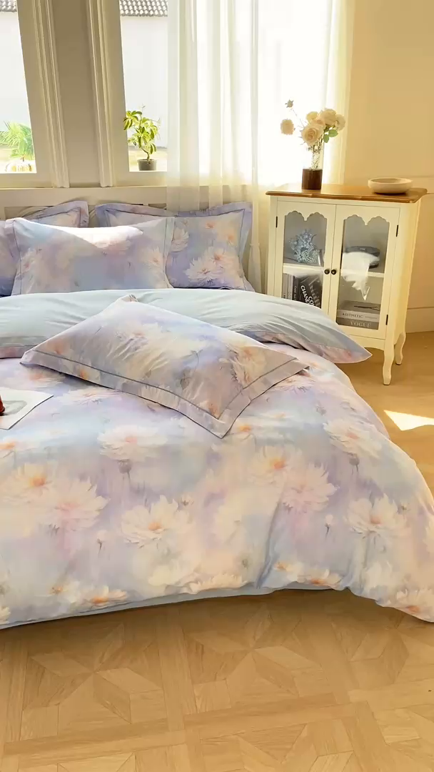 91家纺网 家纺一手货源 找家纺 XIWEN-希文家纺 2026新款40支全棉纯棉13376数码印花四件套-第一批 芙蓉花语-紫