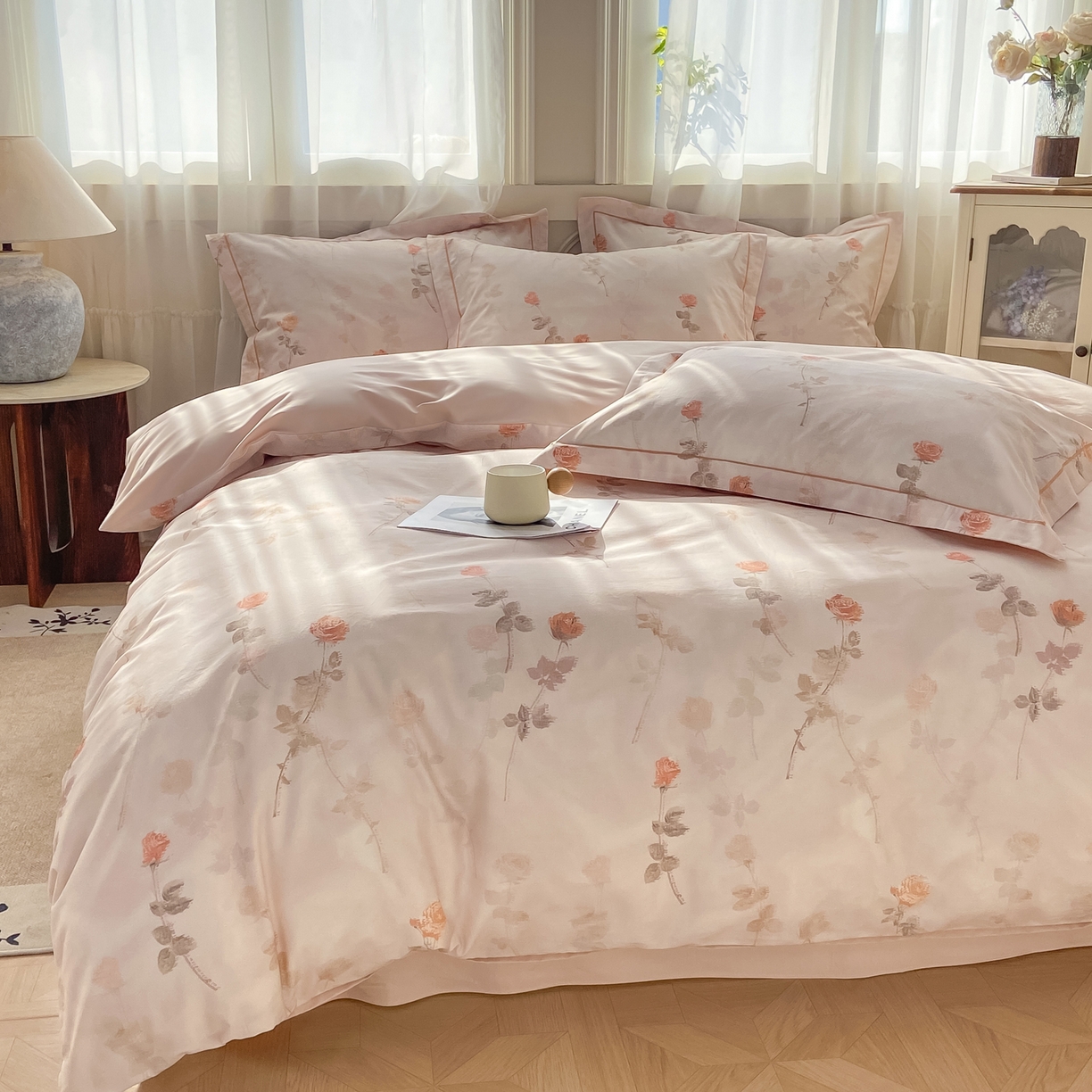 91家纺网 家纺一手货源 找家纺 XIWEN-希文家纺 2026新款40支全棉纯棉13376数码印花四件套-第一批 倩影-粉