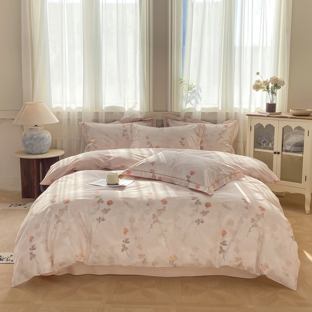 91家纺网 家纺一手货源 找家纺 XIWEN-希文家纺 2026新款40支全棉纯棉13376数码印花四件套-第一批 倩影-粉