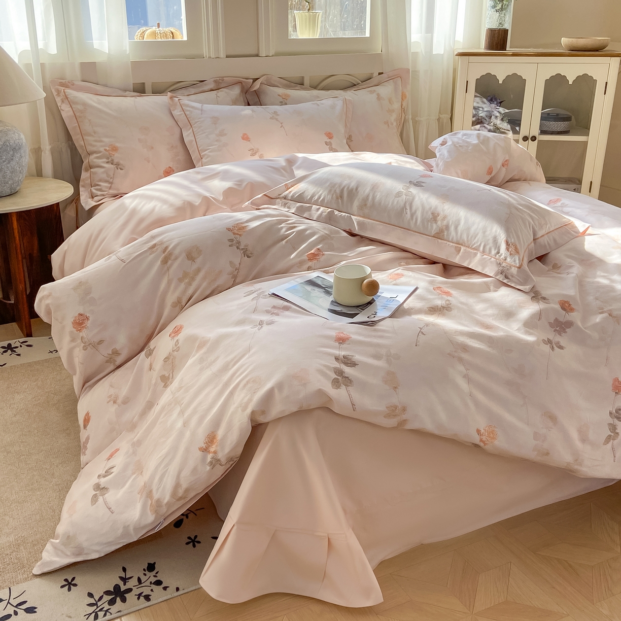 91家纺网 家纺一手货源 找家纺 XIWEN-希文家纺 2026新款40支全棉纯棉13376数码印花四件套-第一批 倩影-粉