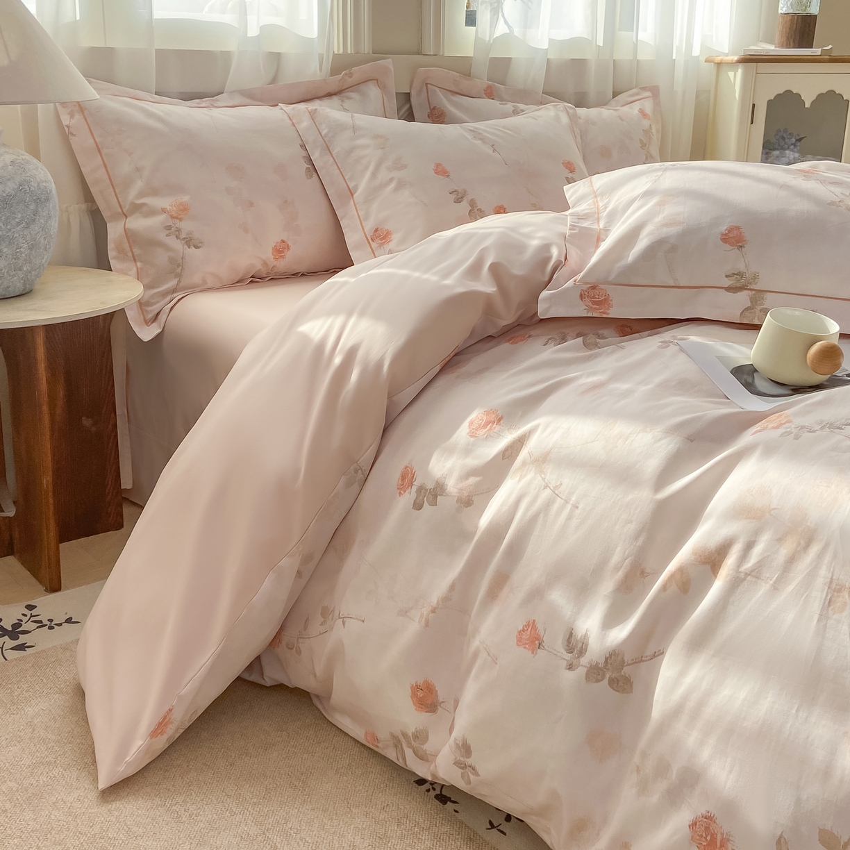 91家纺网 家纺一手货源 找家纺 XIWEN-希文家纺 2026新款40支全棉纯棉13376数码印花四件套-第一批 倩影-粉