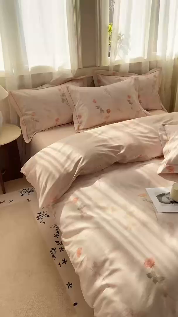 91家纺网 家纺一手货源 找家纺 XIWEN-希文家纺 2026新款40支全棉纯棉13376数码印花四件套-第一批 倩影-粉