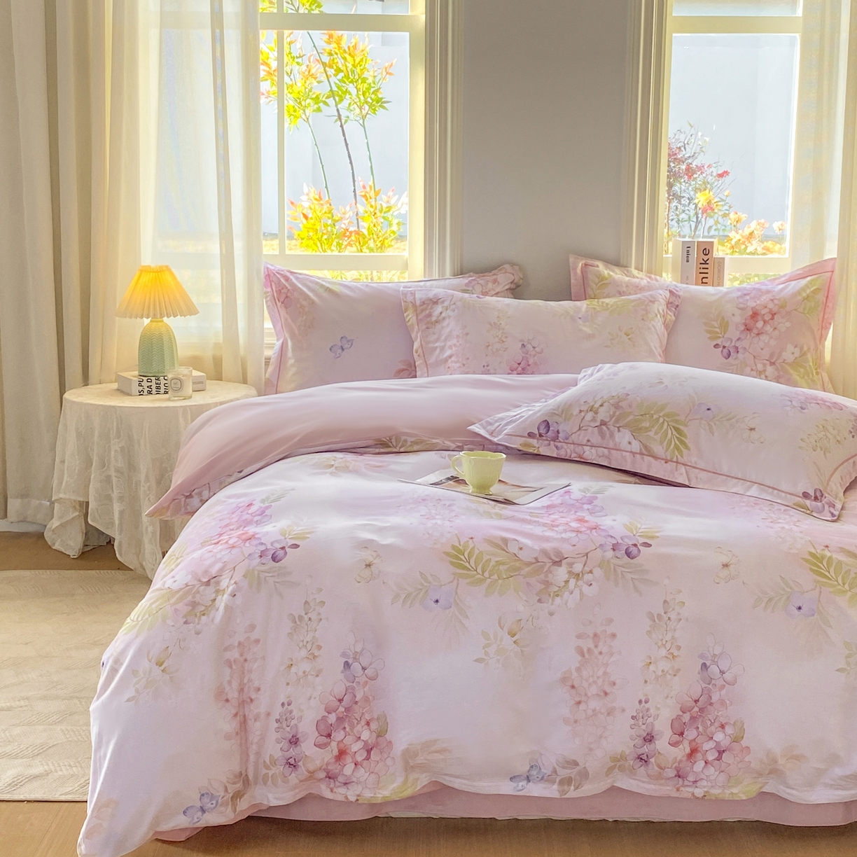 91家纺网 家纺一手货源 找家纺 XIWEN-希文家纺 2026新款40支全棉13376数码印花四件套-第二批 风铃-粉