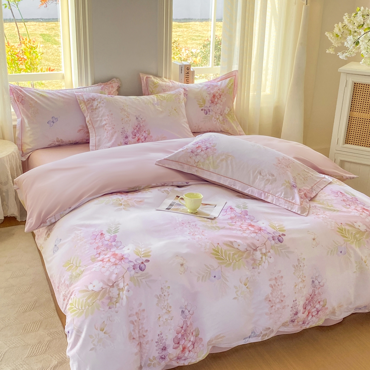 91家纺网 家纺一手货源 找家纺 XIWEN-希文家纺 2026新款40支全棉13376数码印花四件套-第二批 风铃-粉