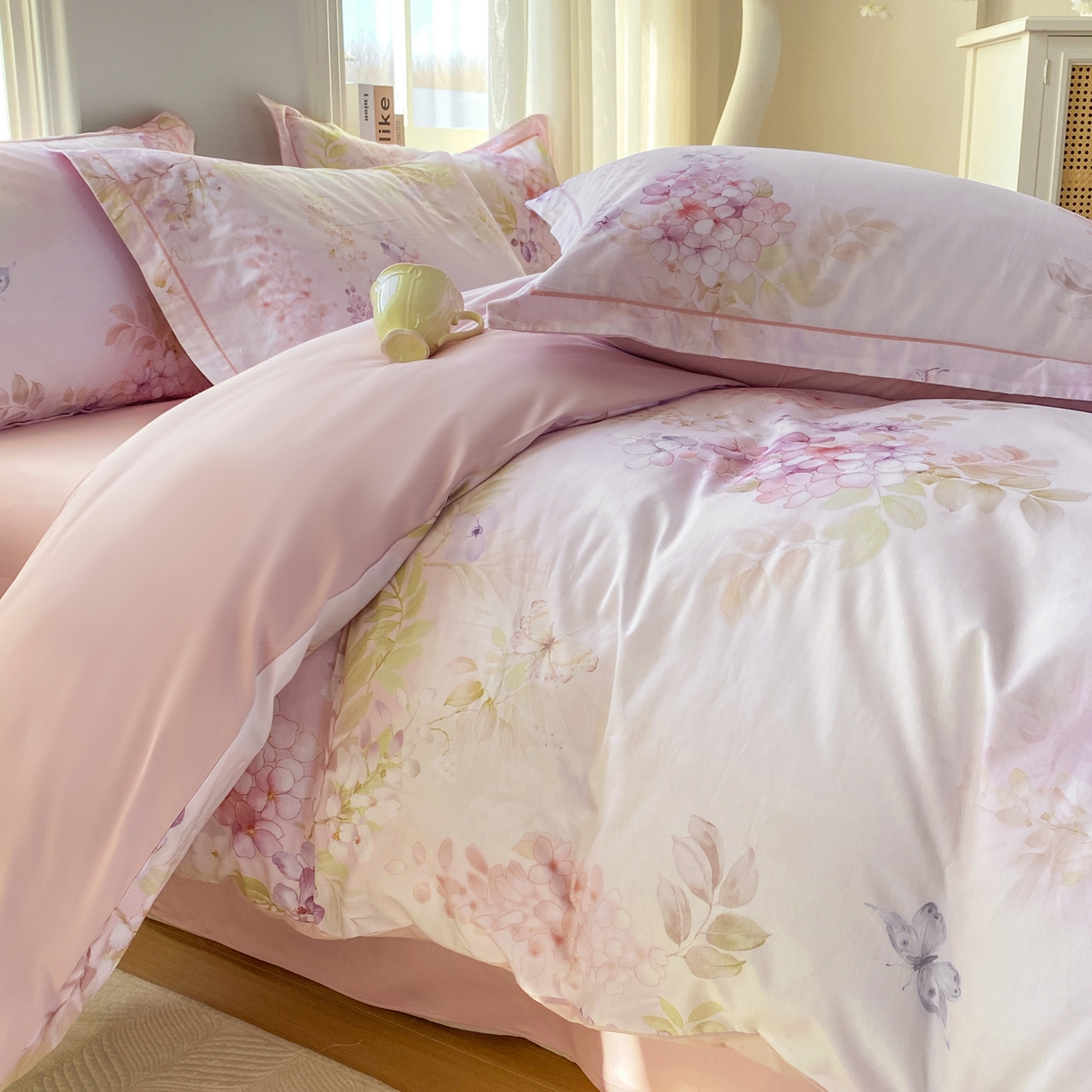 91家纺网 家纺一手货源 找家纺 XIWEN-希文家纺 2026新款40支全棉13376数码印花四件套-第二批 风铃-粉