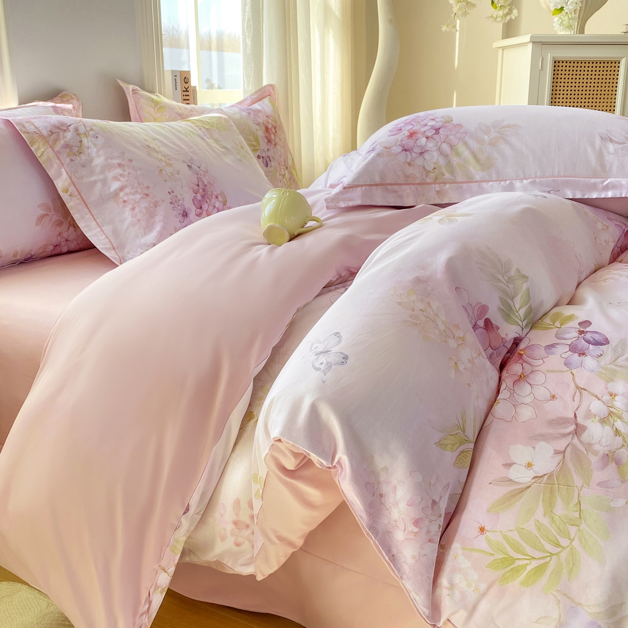 91家纺网 家纺一手货源 找家纺 XIWEN-希文家纺 2026新款40支全棉13376数码印花四件套-第二批 风铃-粉