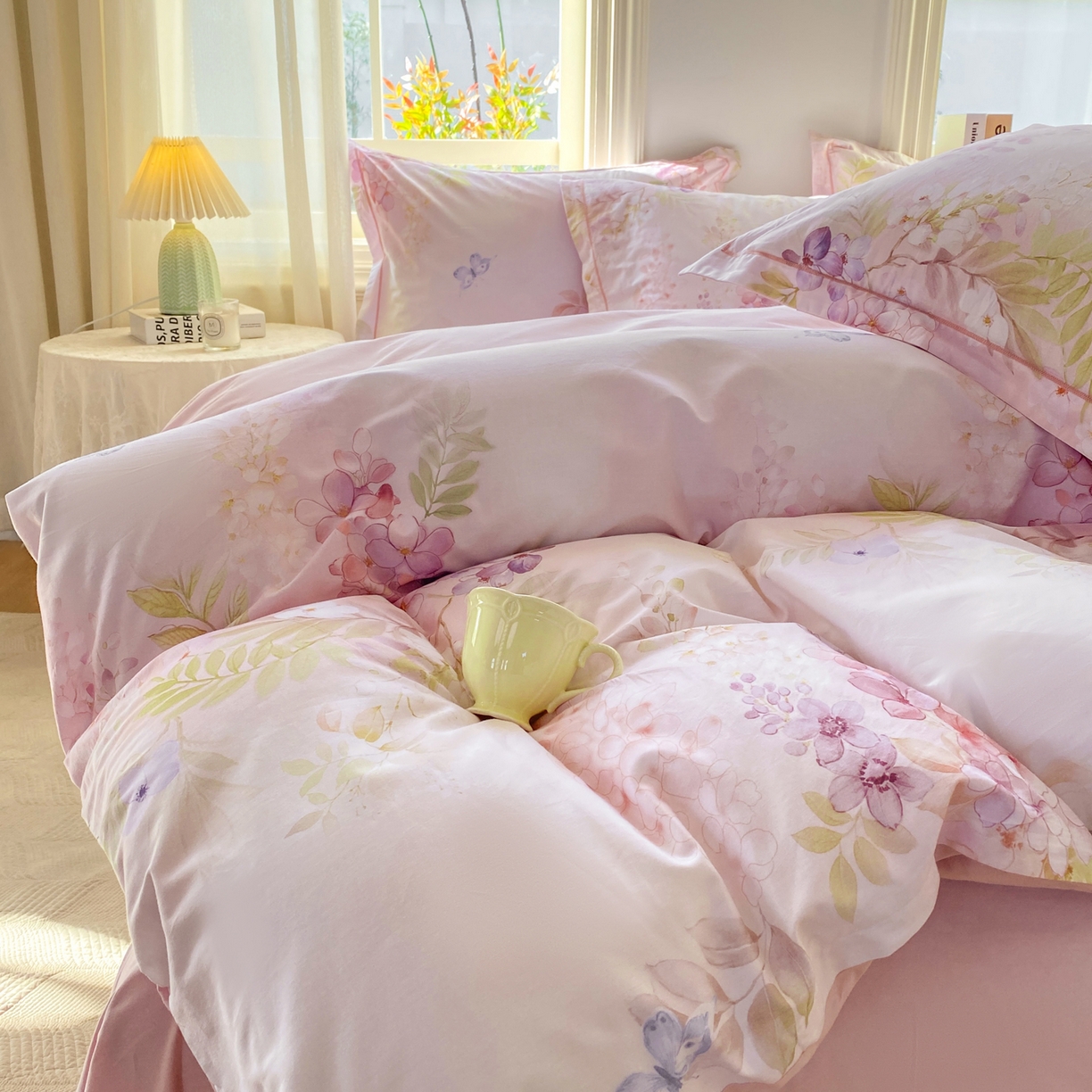 91家纺网 家纺一手货源 找家纺 XIWEN-希文家纺 2026新款40支全棉13376数码印花四件套-第二批 风铃-粉