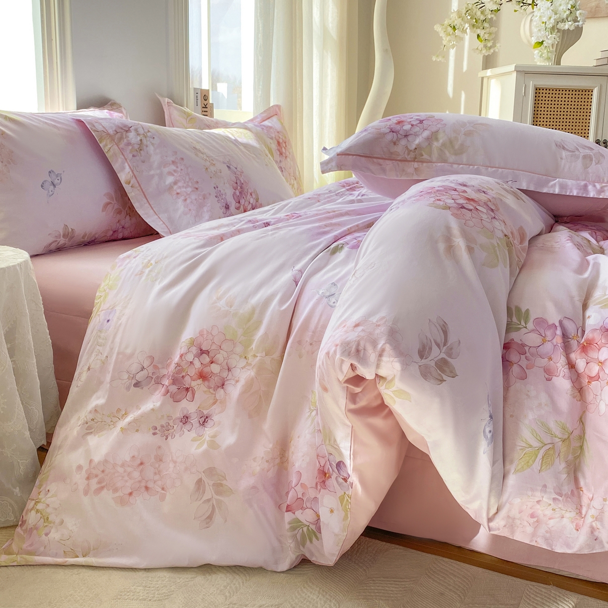 91家纺网 家纺一手货源 找家纺 XIWEN-希文家纺 2026新款40支全棉13376数码印花四件套-第二批 风铃-粉