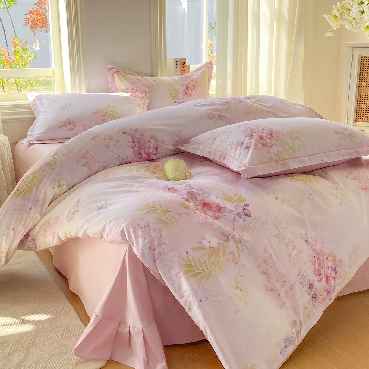 91家纺网 家纺一手货源 找家纺 XIWEN-希文家纺 2026新款40支全棉13376数码印花四件套-第二批 风铃-粉