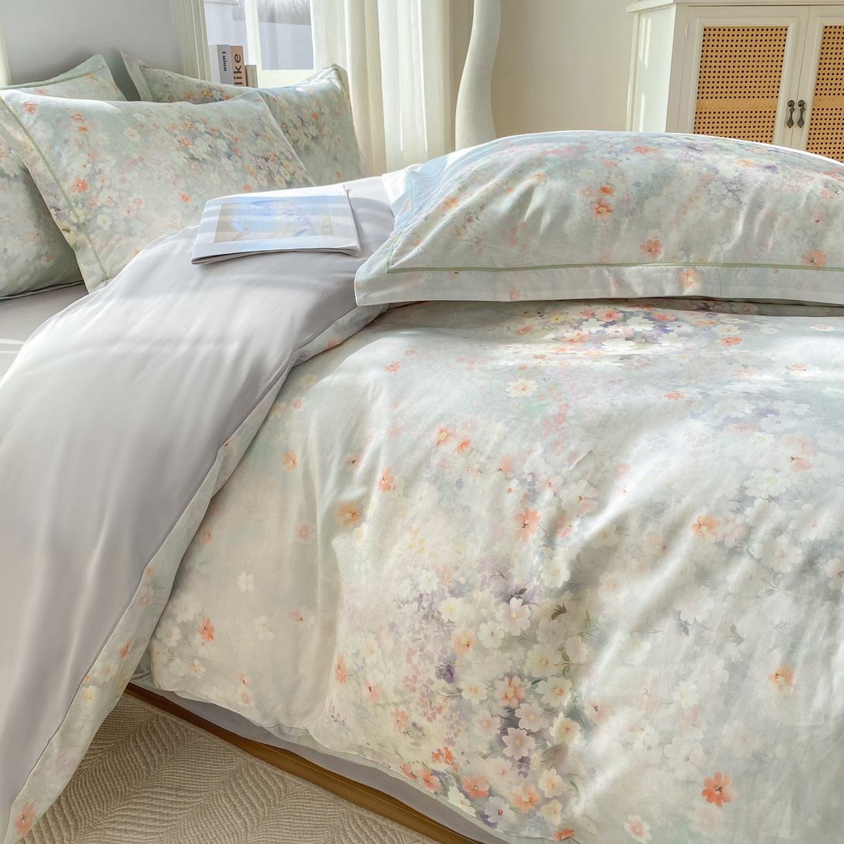 91家纺网 家纺一手货源 找家纺 XIWEN-希文家纺 2026新款40支全棉13376数码印花四件套-第二批 花溪-卡其