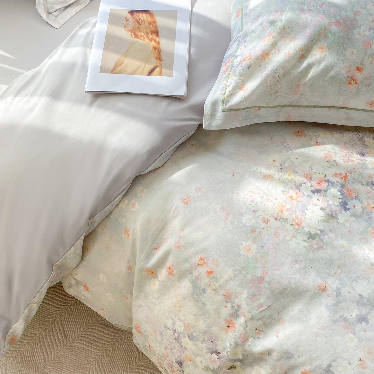 91家纺网 家纺一手货源 找家纺 XIWEN-希文家纺 2026新款40支全棉13376数码印花四件套-第二批 花溪-卡其