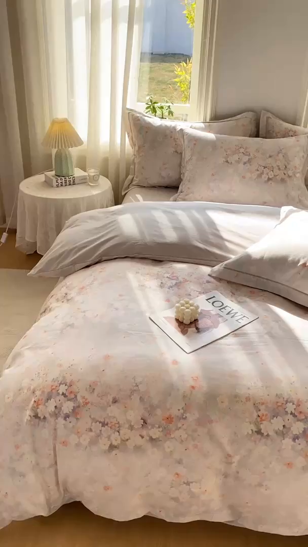 91家纺网 家纺一手货源 找家纺 XIWEN-希文家纺 2026新款40支全棉13376数码印花四件套-第二批 花溪-卡其