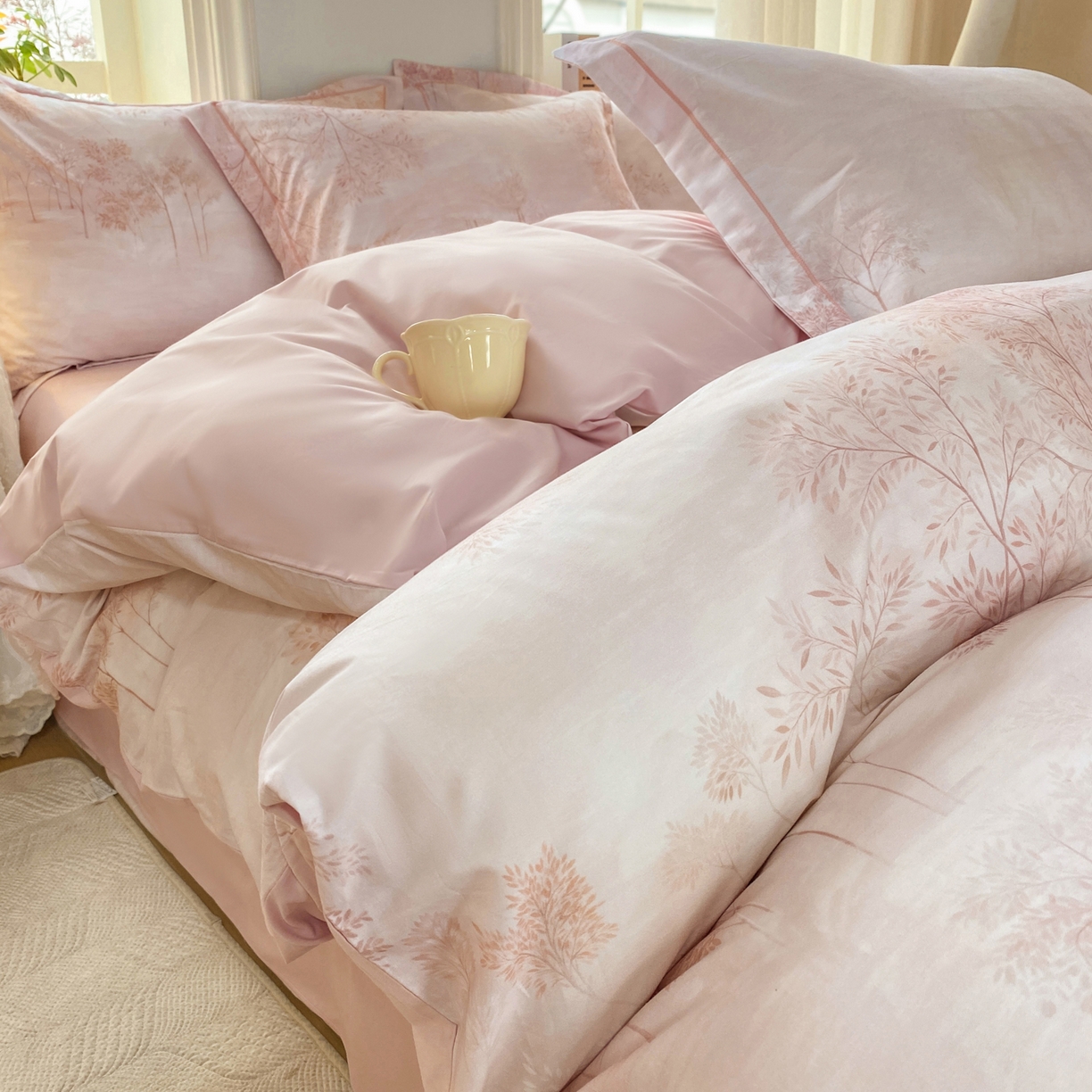 91家纺网 家纺一手货源 找家纺 XIWEN-希文家纺 2026新款40支全棉13376数码印花四件套-第二批 沐霖-粉