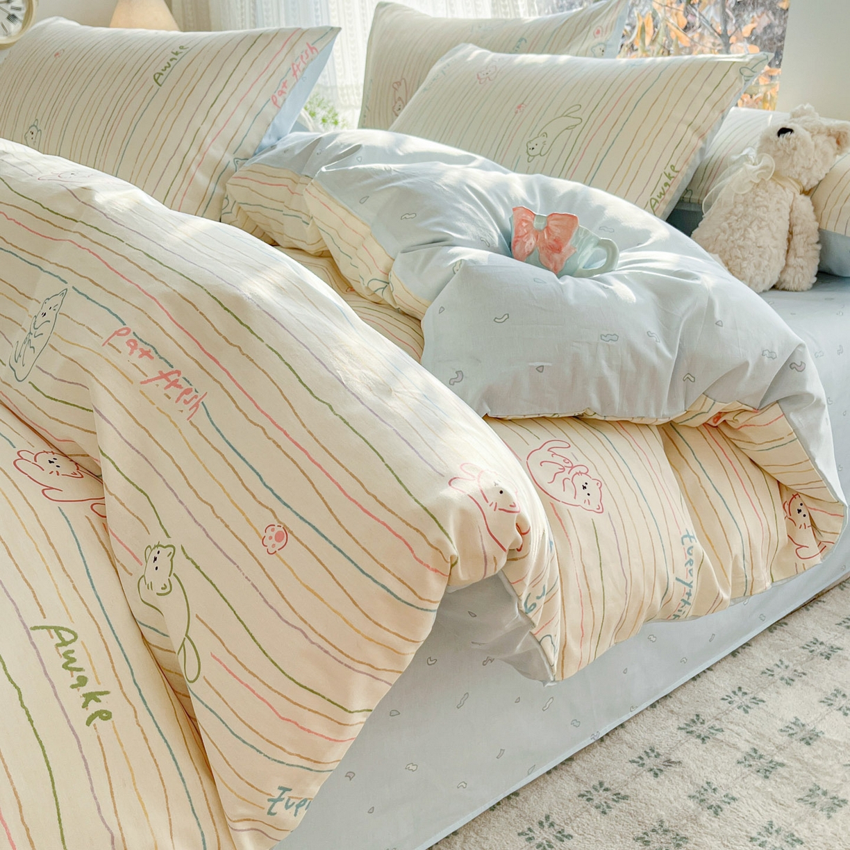 91家纺网 家纺一手货源 找家纺 吉象家纺 2026春夏新款全棉印花四件套第二批 线条猫