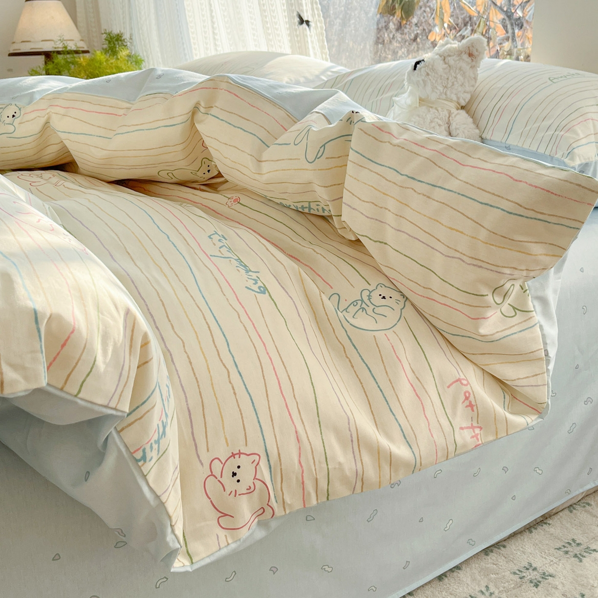 91家纺网 家纺一手货源 找家纺 吉象家纺 2026春夏新款全棉印花四件套第二批 线条猫