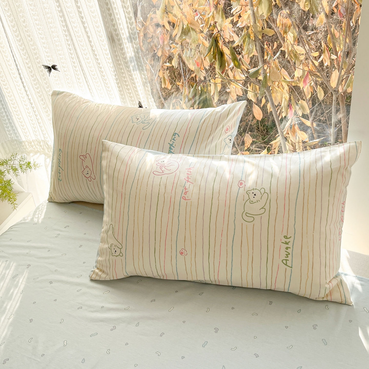 91家纺网 家纺一手货源 找家纺 吉象家纺 2026春夏新款全棉印花四件套第二批 线条猫