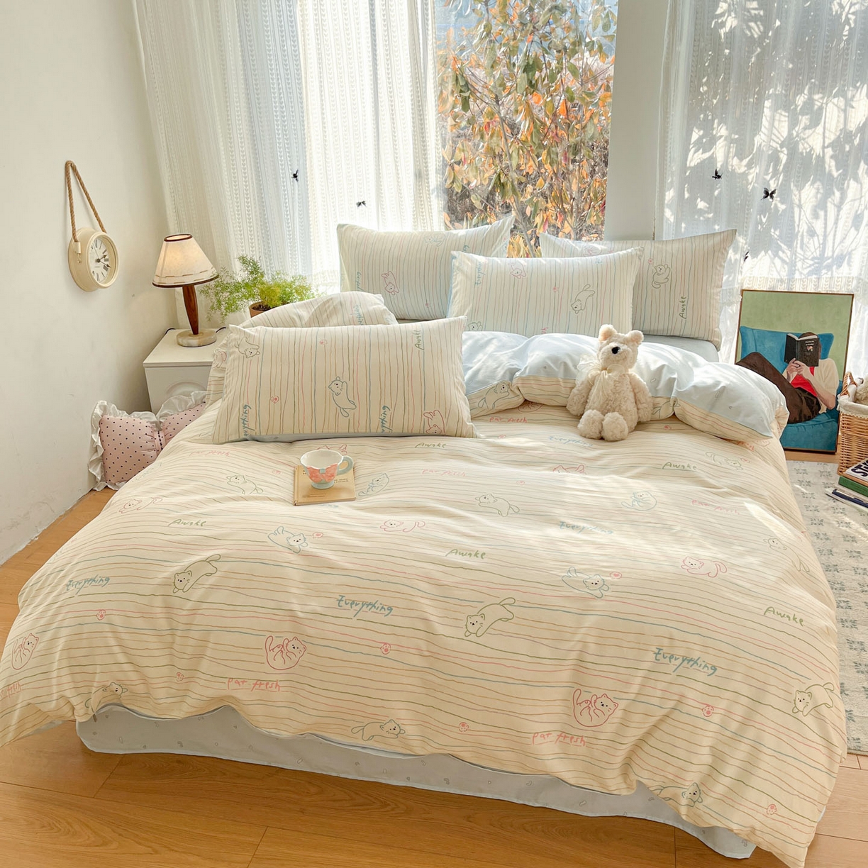 91家纺网 家纺一手货源 找家纺 吉象家纺 2026春夏新款全棉印花四件套第二批 线条猫