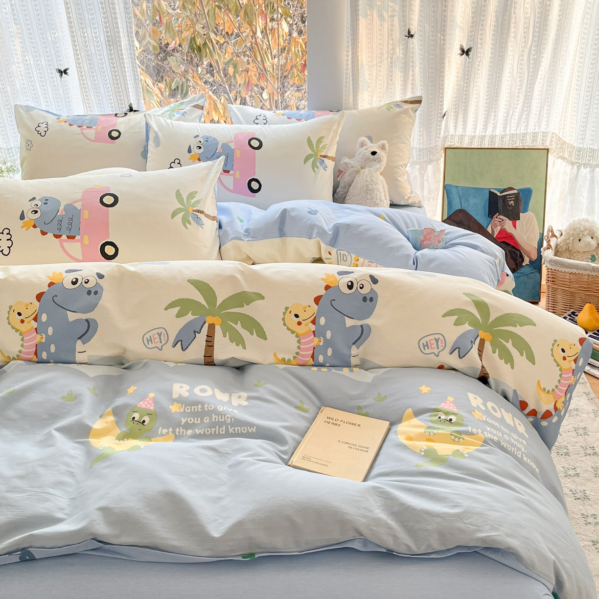 91家纺网 家纺一手货源 找家纺 吉象家纺 2026春夏新款全棉印花四件套第二批 度假恐龙蓝