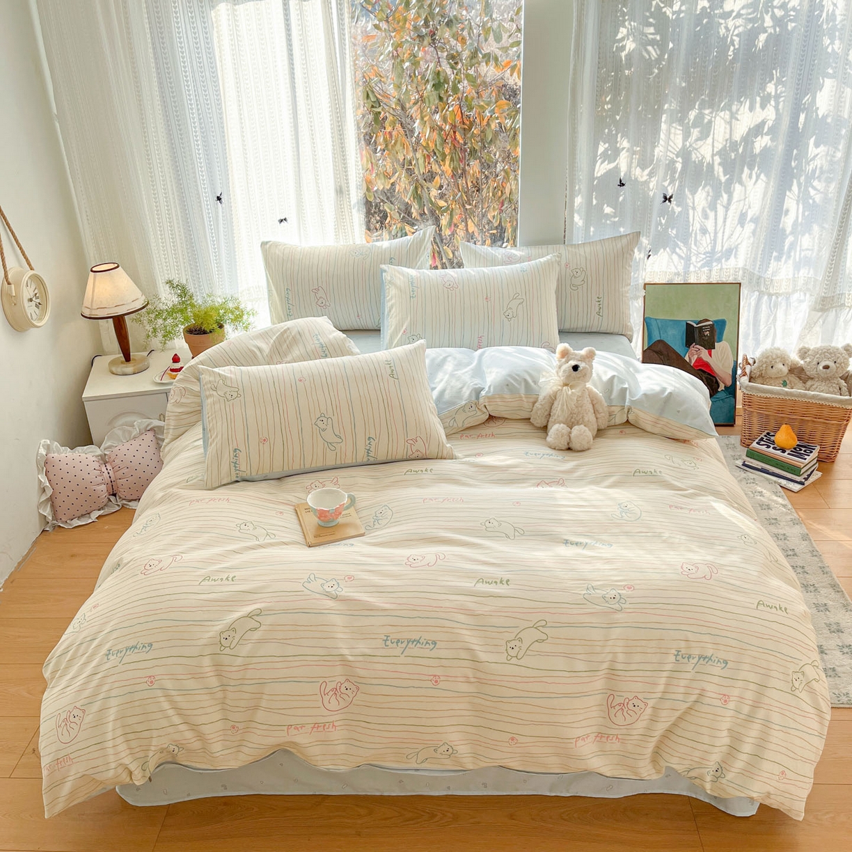 91家纺网 家纺一手货源 找家纺 吉象家纺 2026春夏新款全棉印花四件套第二批 线条猫