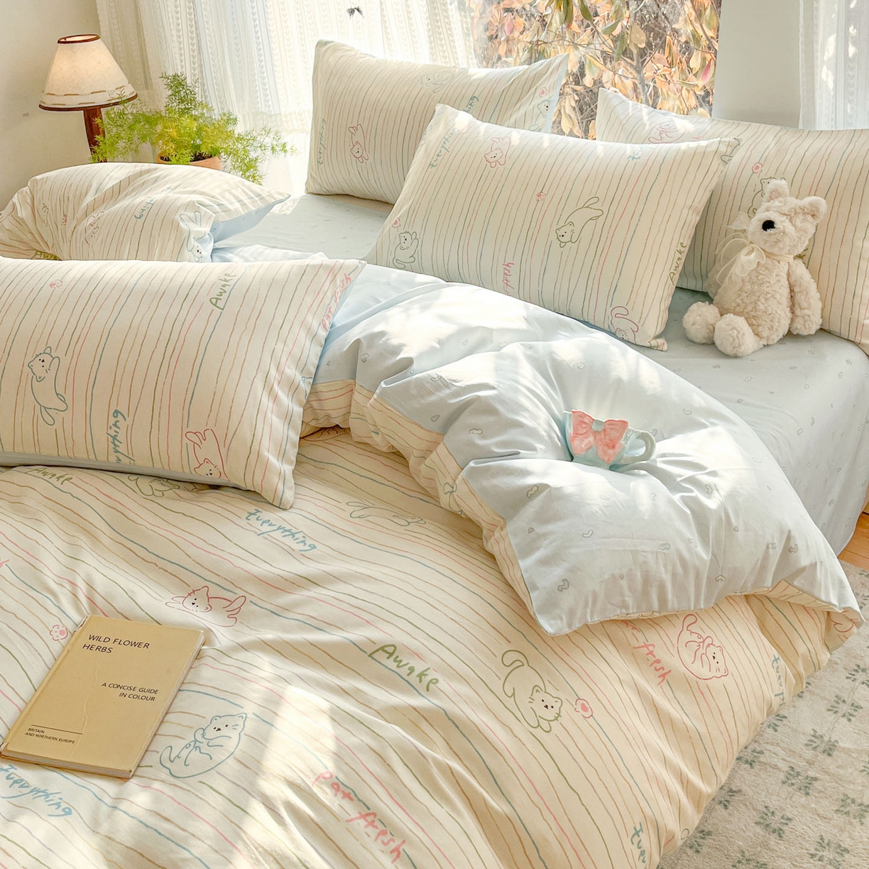 91家纺网 家纺一手货源 找家纺 吉象家纺 2026春夏新款全棉印花四件套第二批 线条猫