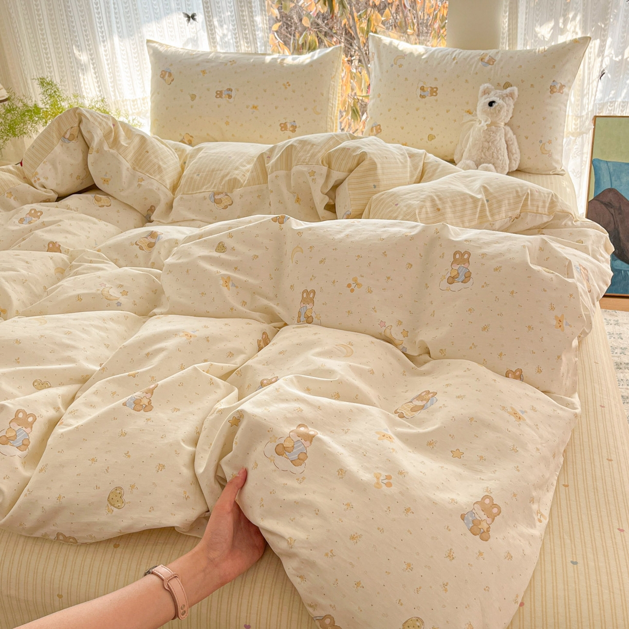 91家纺网 家纺一手货源 找家纺 吉象家纺 2026春夏新款全棉印花四件套第二批 星点兔语