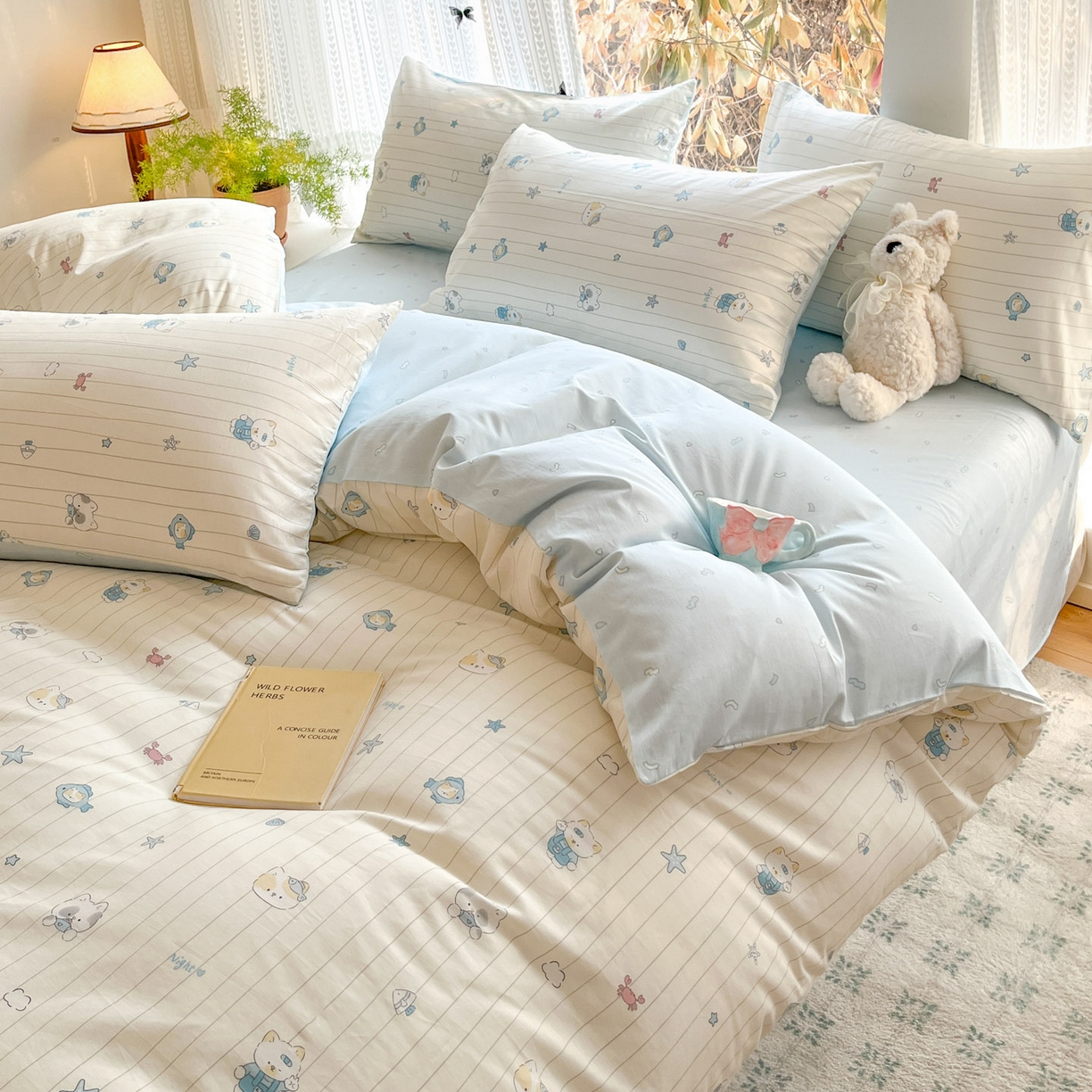 91家纺网 家纺一手货源 找家纺 吉象家纺 2026春夏新款全棉印花四件套第二批 小猫钓鱼