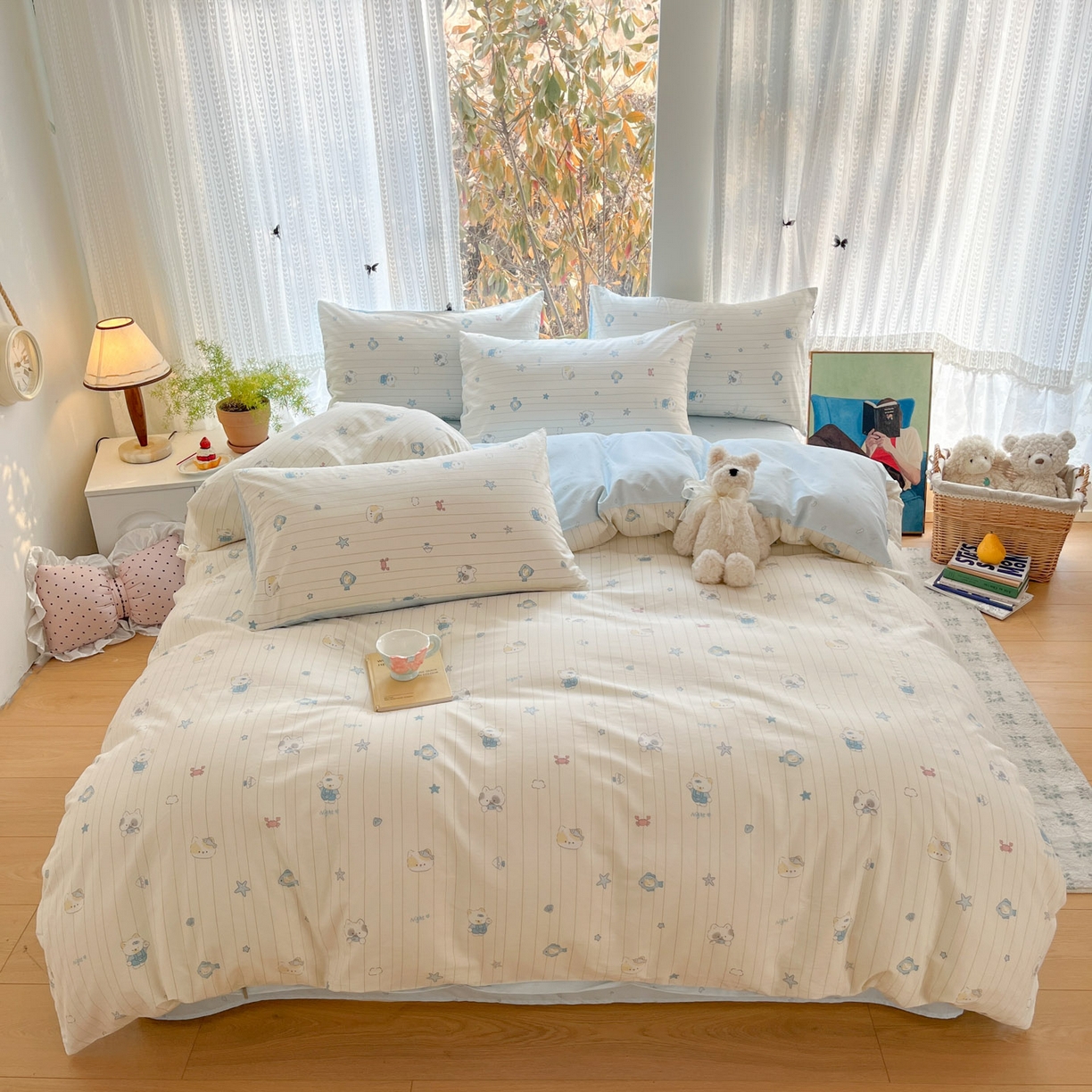 91家纺网 家纺一手货源 找家纺 吉象家纺 2026春夏新款全棉印花四件套第二批 小猫钓鱼