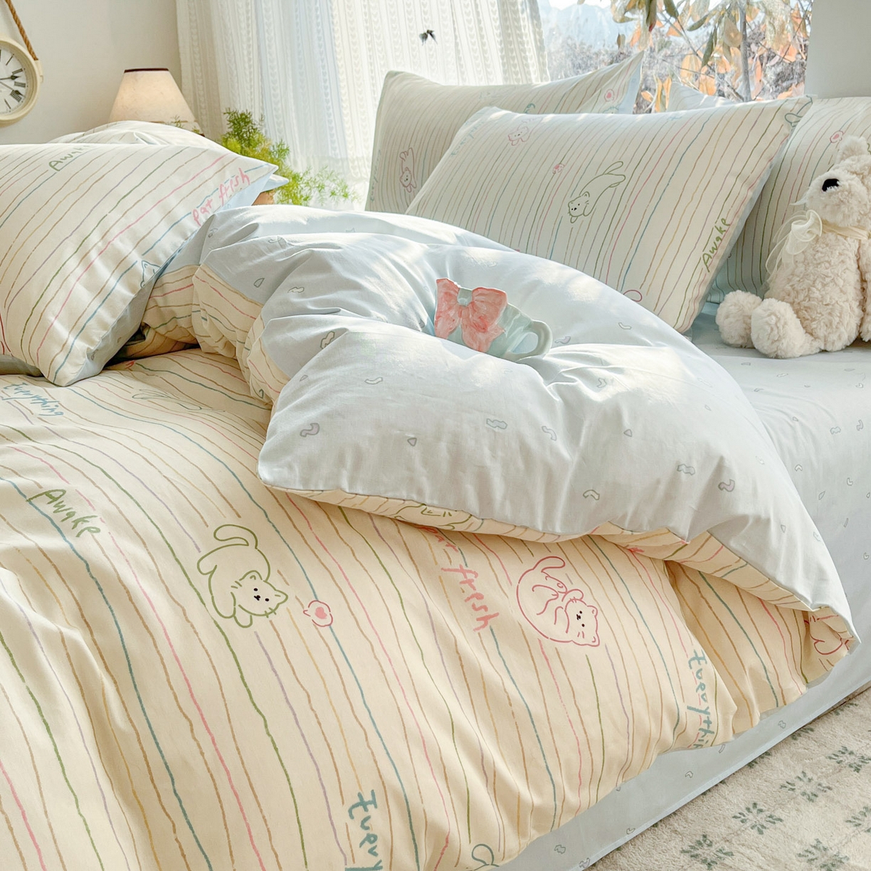 91家纺网 家纺一手货源 找家纺 吉象家纺 2026春夏新款全棉印花四件套第二批 线条猫