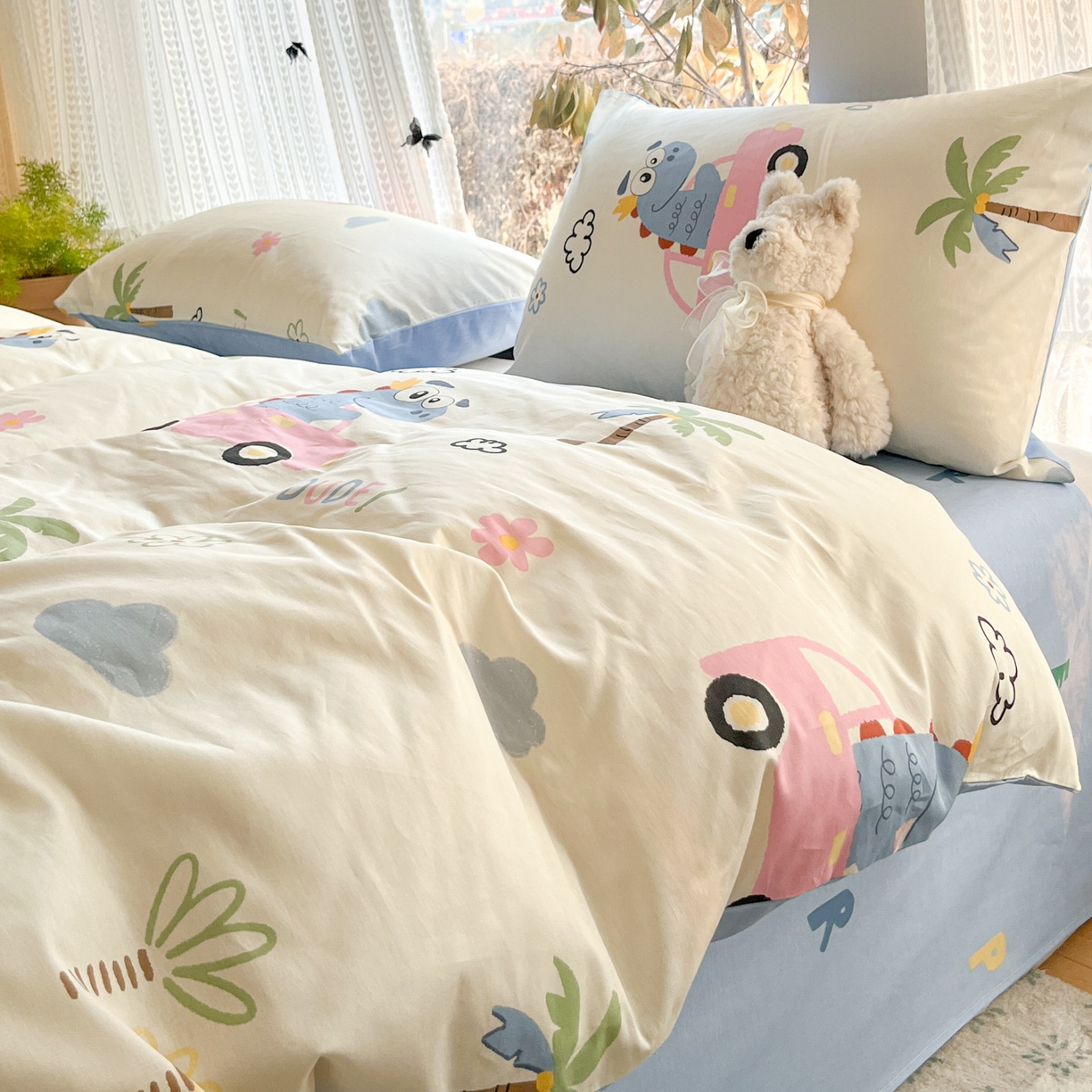 91家纺网 家纺一手货源 找家纺 吉象家纺 2026春夏新款全棉印花四件套第二批 度假恐龙蓝