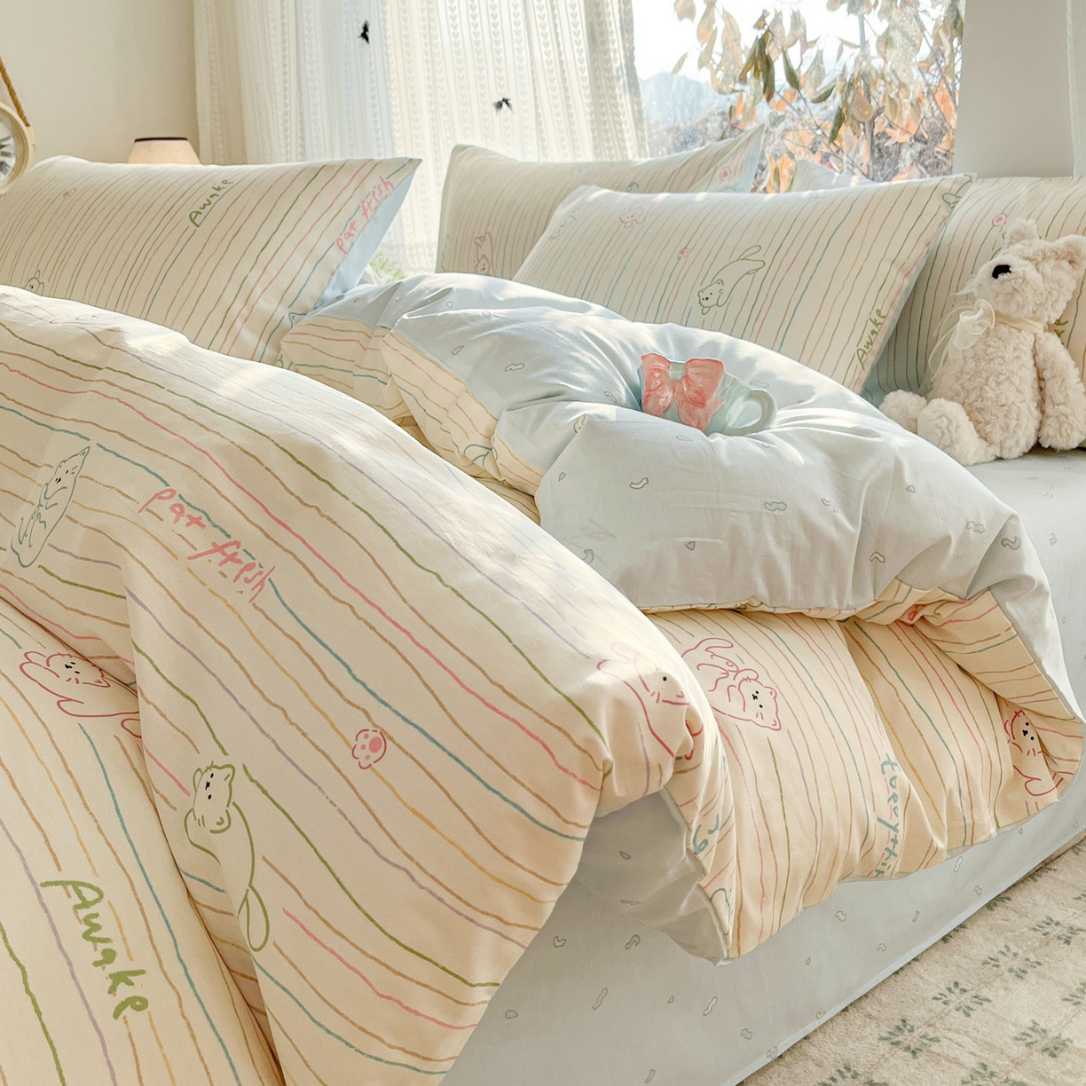 91家纺网 家纺一手货源 找家纺 吉象家纺 2026春夏新款全棉印花四件套第二批 线条猫