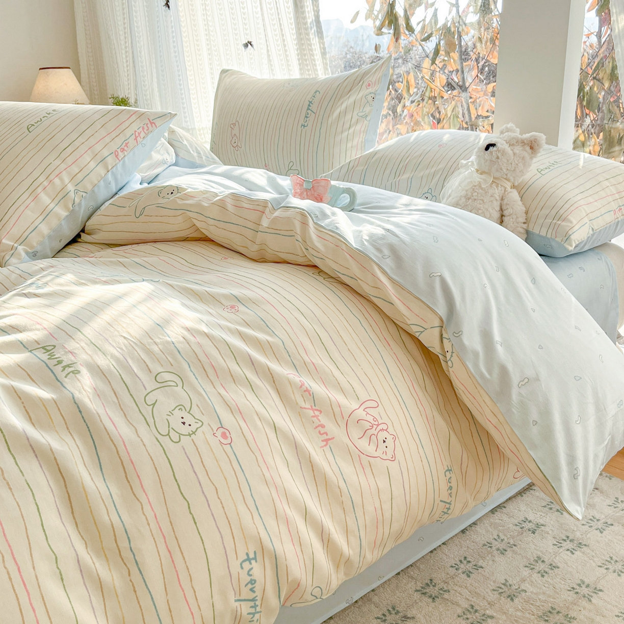 91家纺网 家纺一手货源 找家纺 吉象家纺 2026春夏新款全棉印花四件套第二批 线条猫