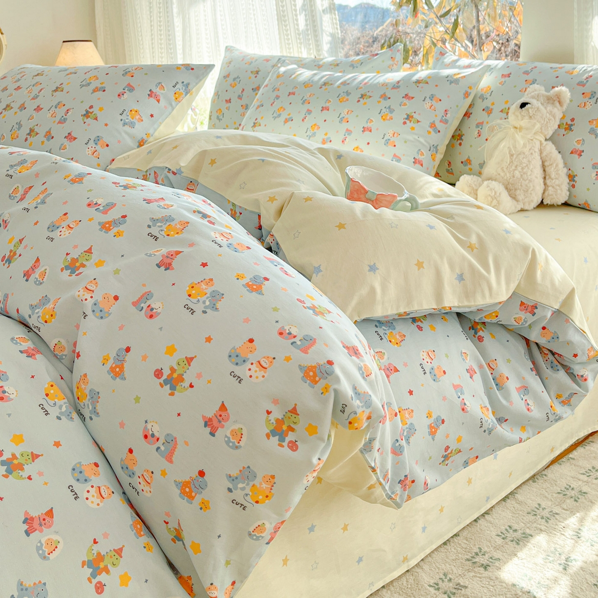 91家纺网 家纺一手货源 找家纺 吉象家纺 2026春夏新款全棉印花四件套第二批 恐龙派对