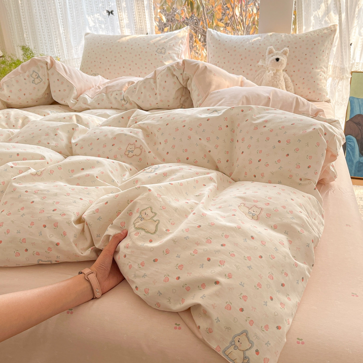 91家纺网 家纺一手货源 找家纺 吉象家纺 2026春夏新款全棉印花四件套第二批 玫瑰小狗