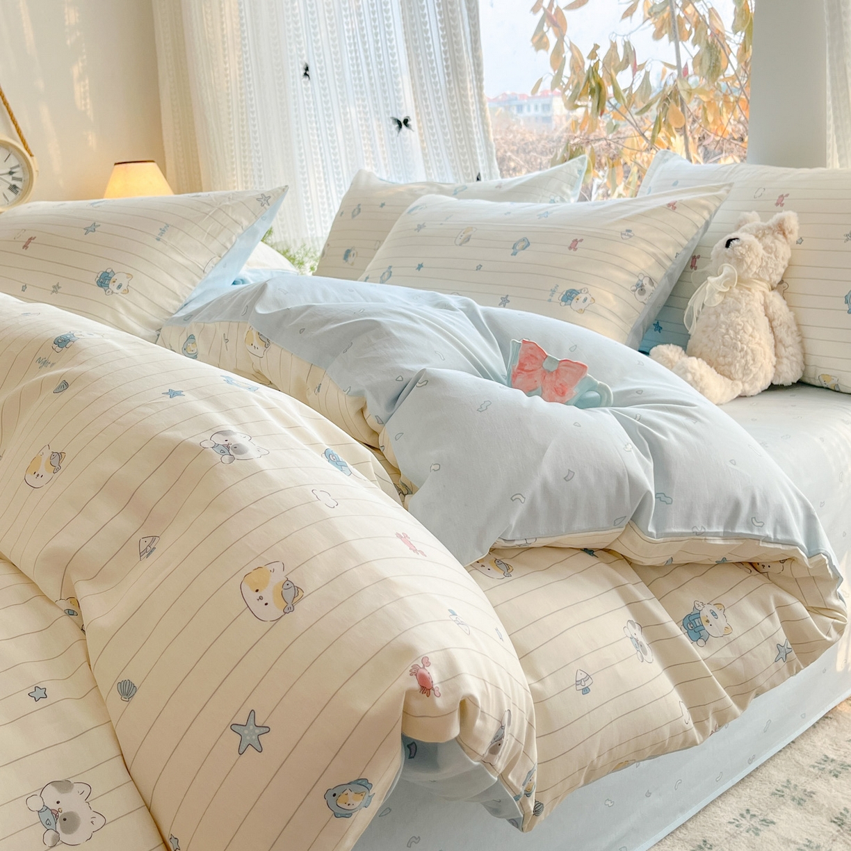 91家纺网 家纺一手货源 找家纺 吉象家纺 2026春夏新款全棉印花四件套第二批 小猫钓鱼