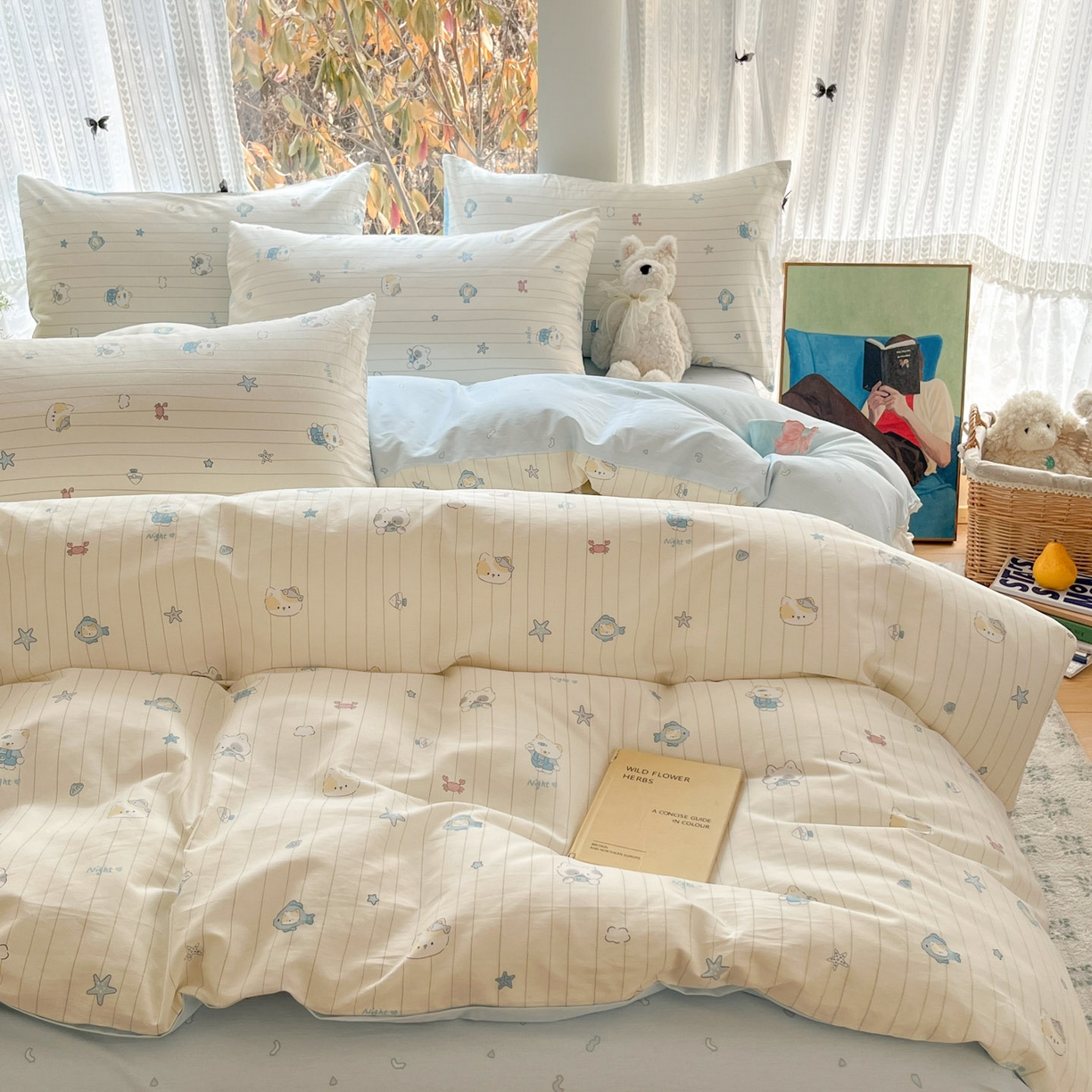 91家纺网 家纺一手货源 找家纺 吉象家纺 2026春夏新款全棉印花四件套第二批 小猫钓鱼