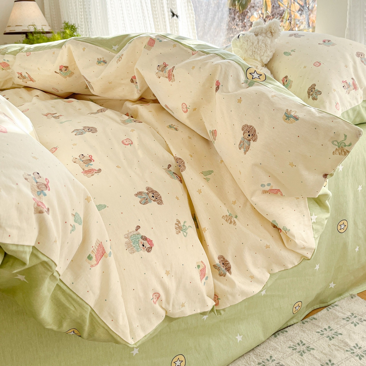 91家纺网 家纺一手货源 找家纺 吉象家纺 2026春夏新款全棉印花四件套第二批 彩绘汪汪