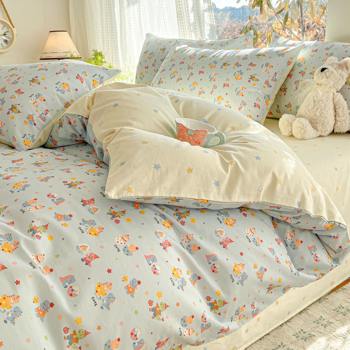 91家纺网 家纺一手货源 找家纺 吉象家纺 2026春夏新款全棉印花四件套第二批 恐龙派对