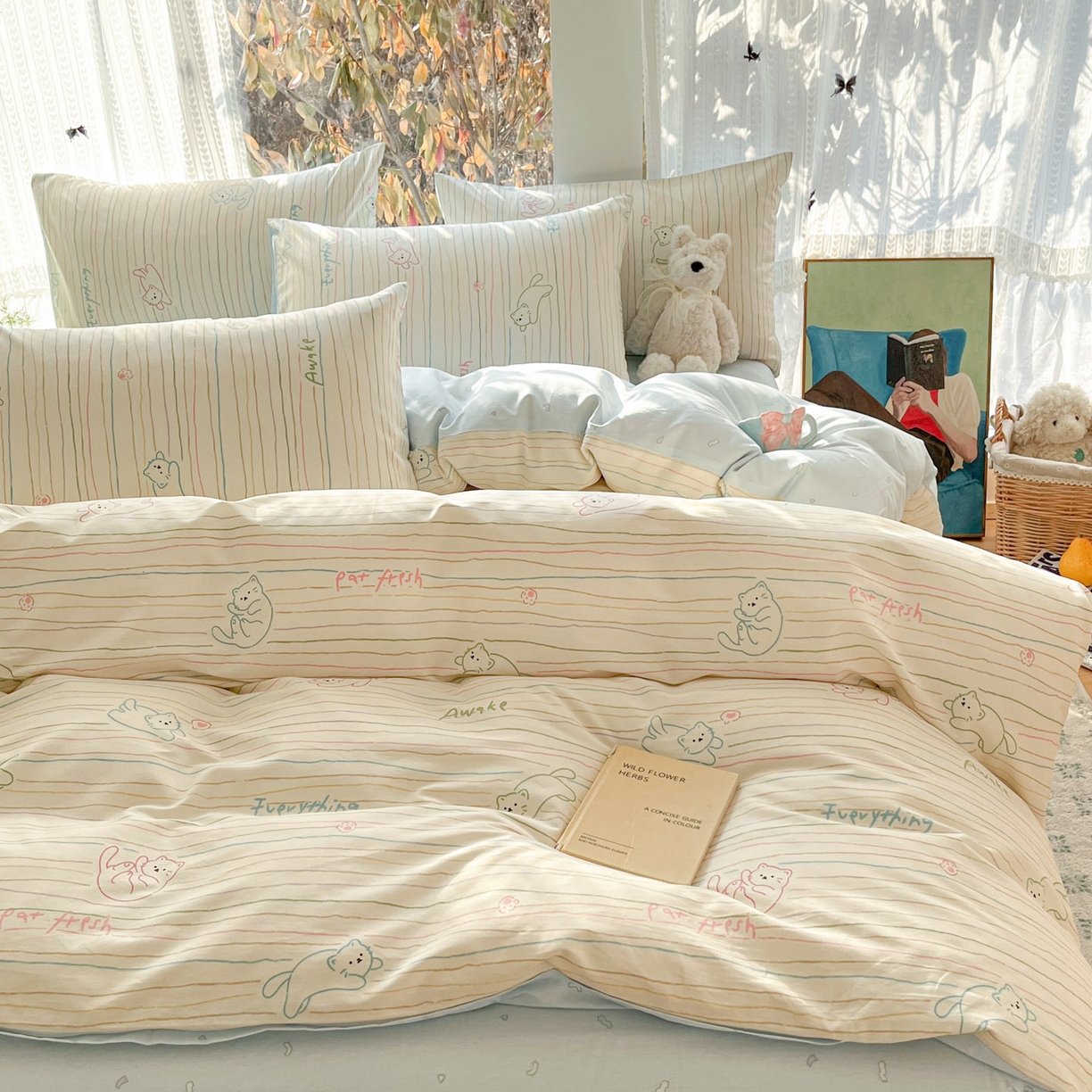 91家纺网 家纺一手货源 找家纺 吉象家纺 2026春夏新款全棉印花四件套第二批 线条猫