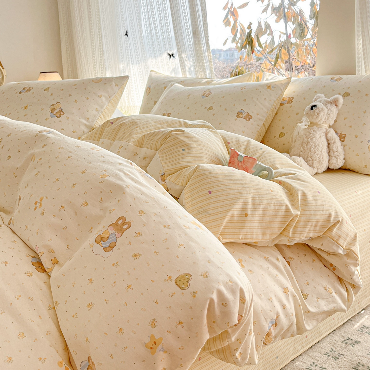 91家纺网 家纺一手货源 找家纺 吉象家纺 2026春夏新款全棉印花四件套第二批 星点兔语