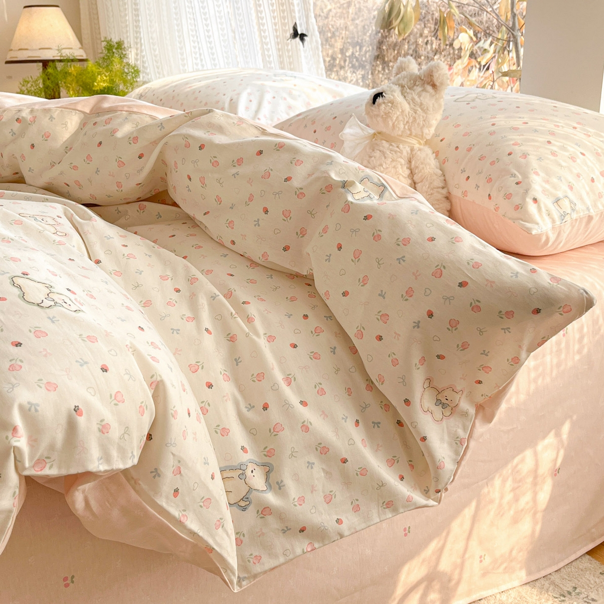 91家纺网 家纺一手货源 找家纺 吉象家纺 2026春夏新款全棉印花四件套第二批 玫瑰小狗