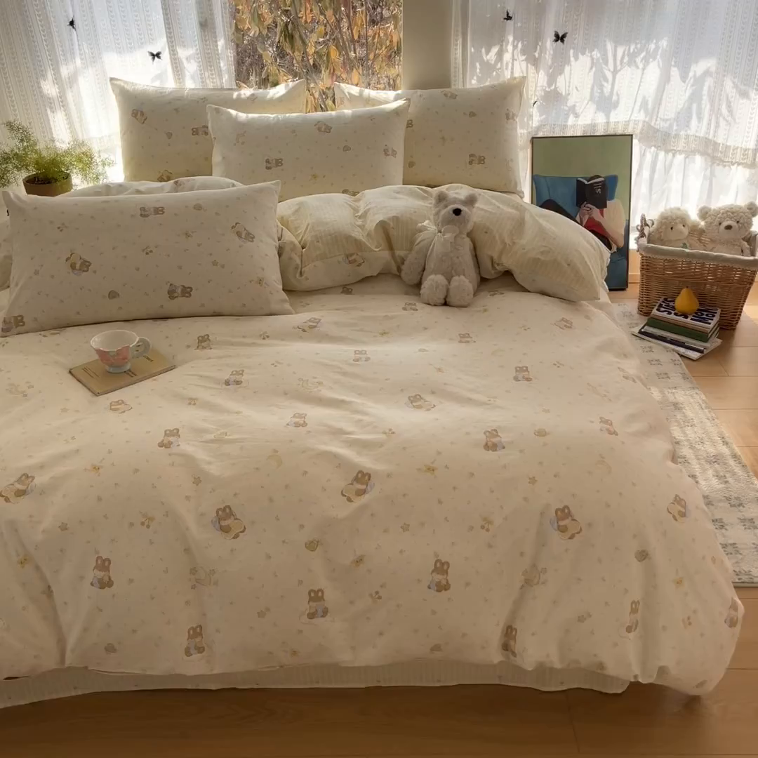 91家纺网 家纺一手货源 找家纺 吉象家纺 2026春夏新款全棉印花四件套第二批 星点兔语