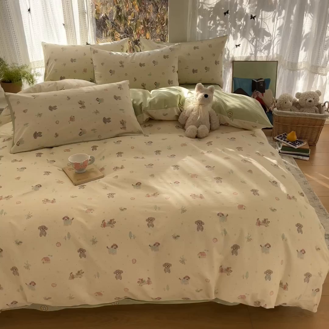 91家纺网 家纺一手货源 找家纺 吉象家纺 2026春夏新款全棉印花四件套第二批 彩绘汪汪