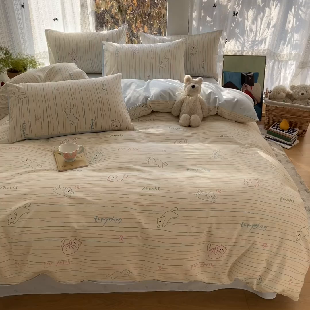 91家纺网 家纺一手货源 找家纺 吉象家纺 2026春夏新款全棉印花四件套第二批 线条猫